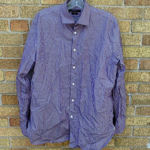 Vintage John Varvatos Striped Button Up Dress Shirt Size 16.5 White Purple - Picture 2 of 6